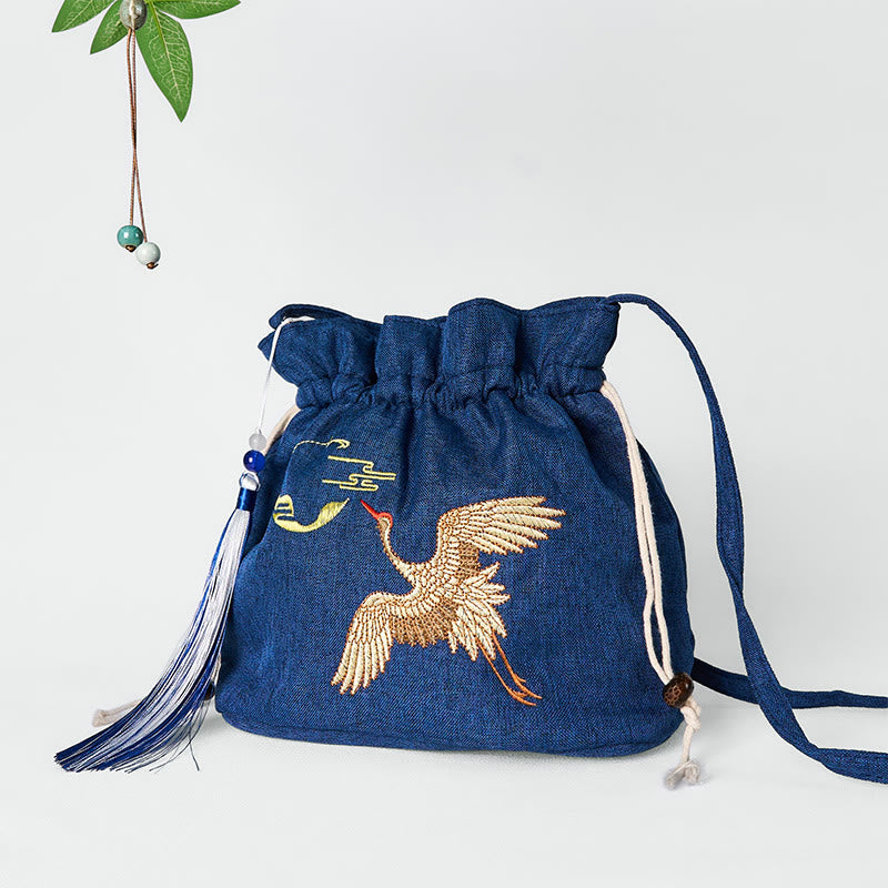 Embroidered Navy Blue Crane Cotton Linen Crossbody Bag Shoulder Bag - Image 2