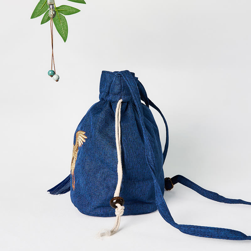 Embroidered Navy Blue Crane Cotton Linen Crossbody Bag Shoulder Bag - Image 4