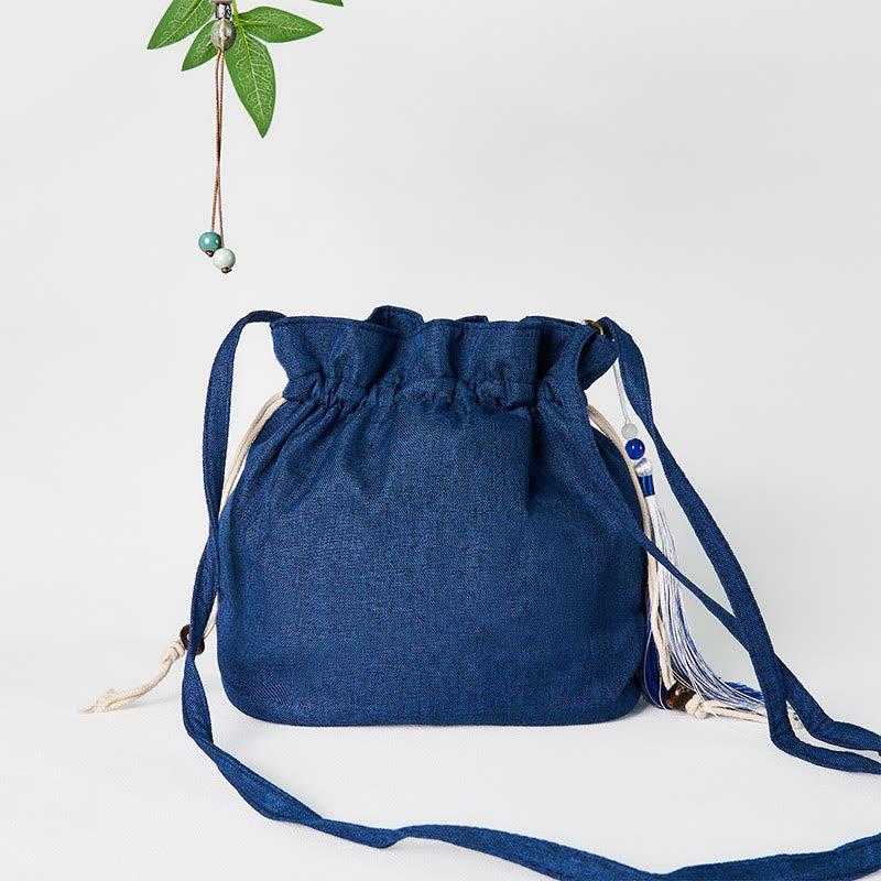 Embroidered Navy Blue Crane Cotton Linen Crossbody Bag Shoulder Bag - Image 3
