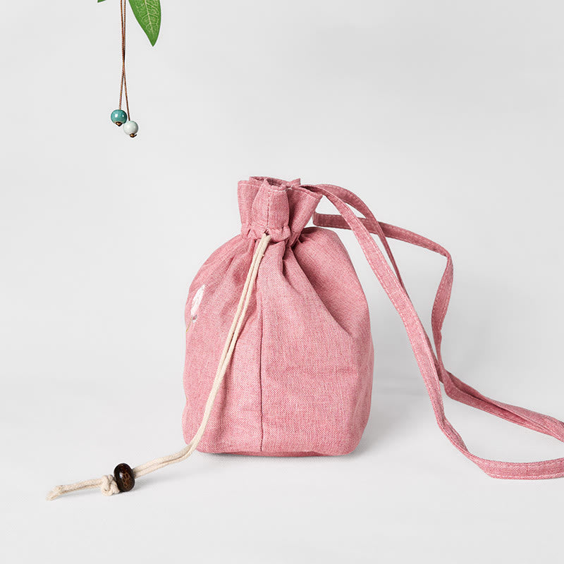 Embroidered Light Pink Lotus Cotton Linen Crossbody Bag Shoulder Bag - Image 4