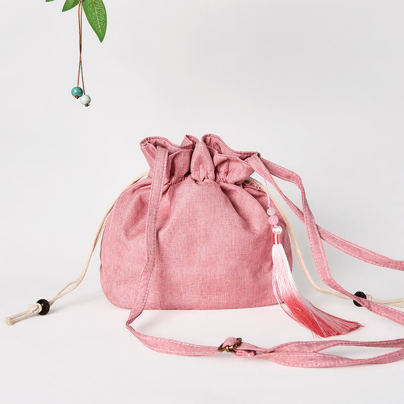 Embroidered Light Pink Lotus Cotton Linen Crossbody Bag Shoulder Bag - Image 3