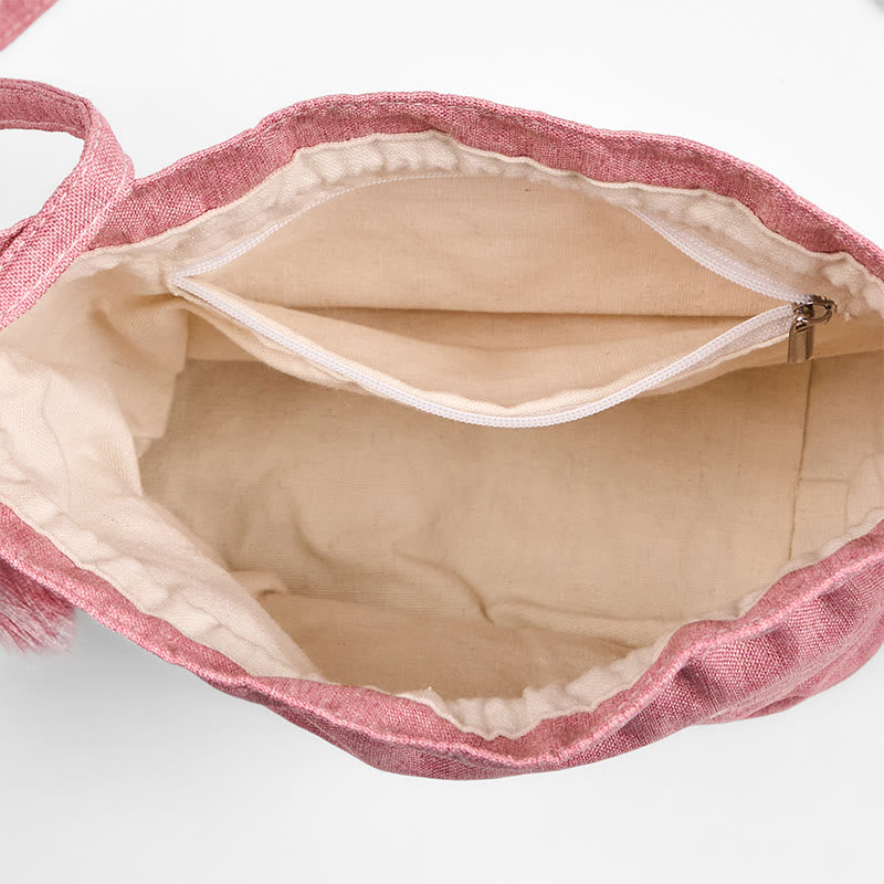 Embroidered Light Pink Lotus Cotton Linen Crossbody Bag Shoulder Bag - Image 6