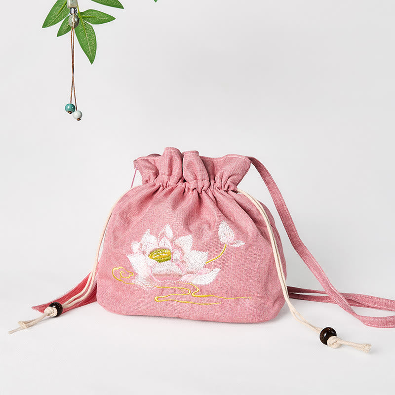 Embroidered Light Pink Lotus Cotton Linen Crossbody Bag Shoulder Bag - Image 2