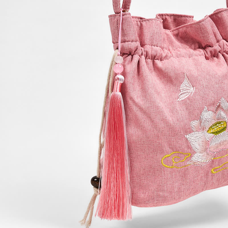 Embroidered Light Pink Lotus Cotton Linen Crossbody Bag Shoulder Bag - Image 5
