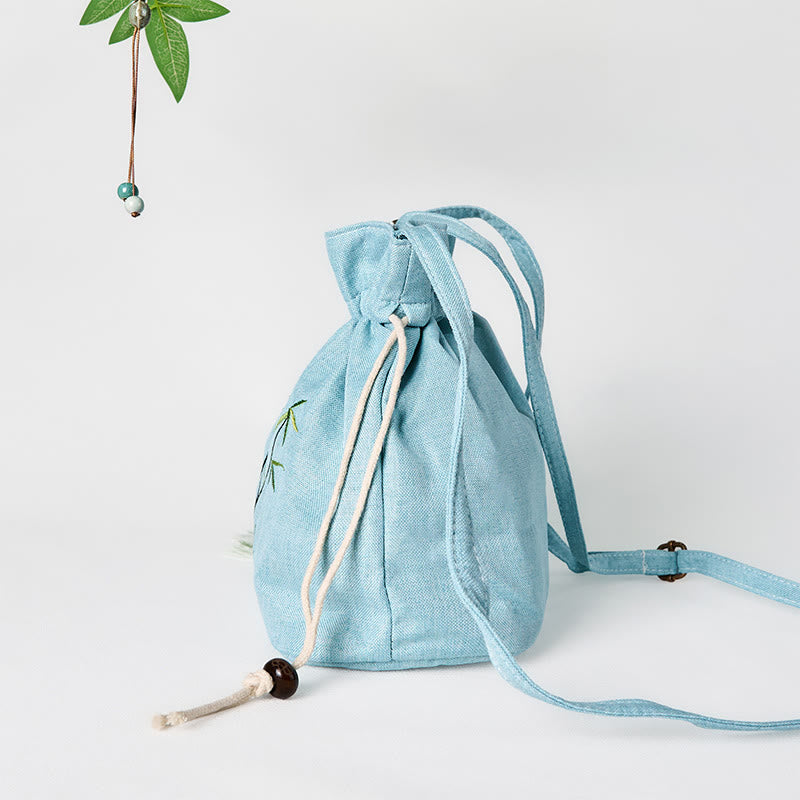 Embroidered Green Bamboo Cotton Linen Crossbody Bag Shoulder Bag - Image 4