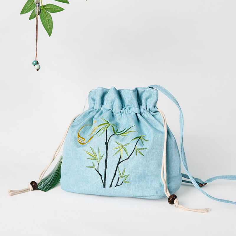 Embroidered Green Bamboo Cotton Linen Crossbody Bag Shoulder Bag - Image 3