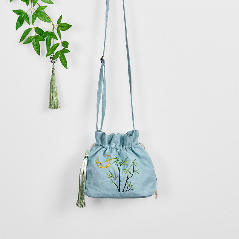 Embroidered Green Bamboo Cotton Linen Crossbody Bag Shoulder Bag - Image 5