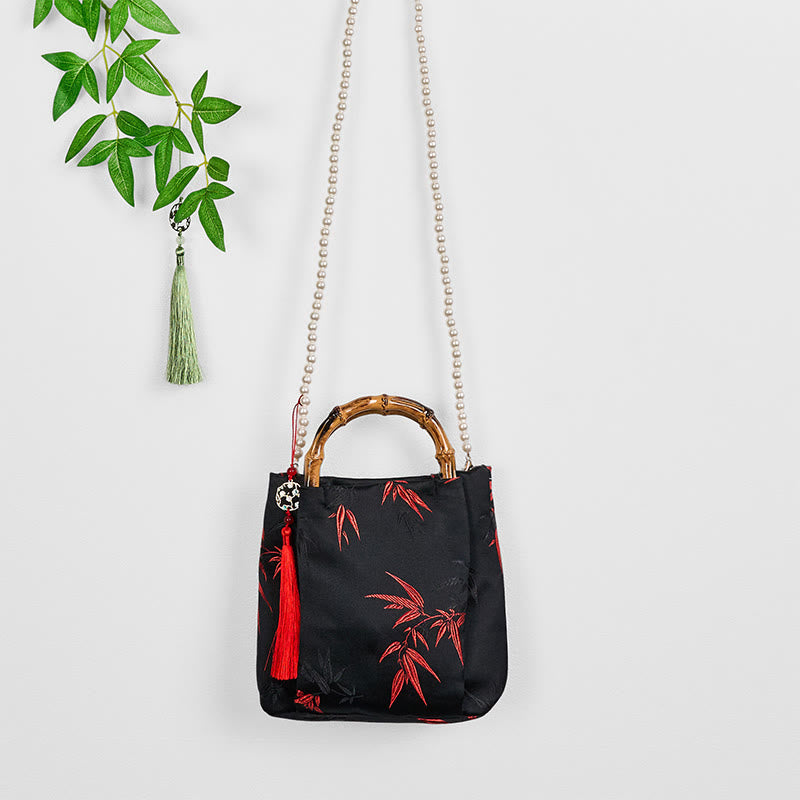 Polyester Cotton Embroidery Leaves Bamboo Handle Pearl Crossbody Bag Hangbags - Image 5