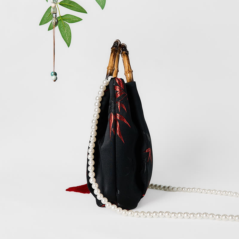 Polyester Cotton Embroidery Leaves Bamboo Handle Pearl Crossbody Bag Hangbags - Image 4