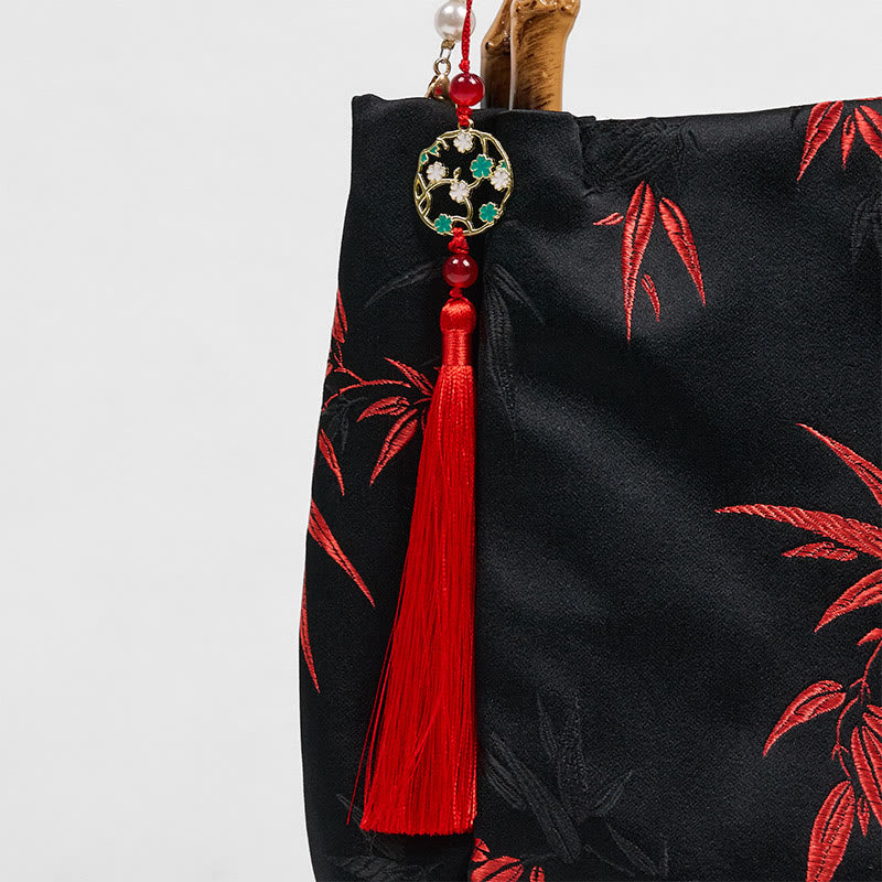 Polyester Cotton Embroidery Leaves Bamboo Handle Pearl Crossbody Bag Hangbags - Image 6