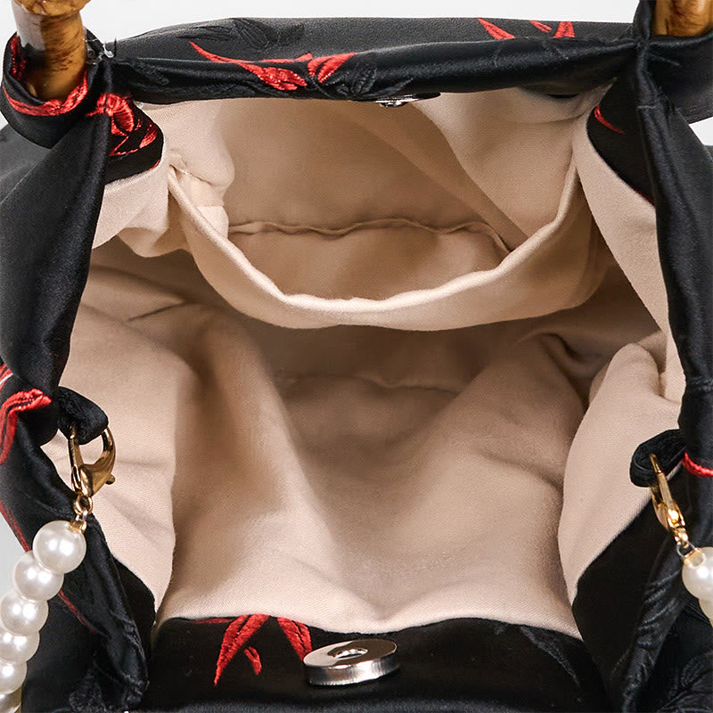 Polyester Cotton Embroidery Leaves Bamboo Handle Pearl Crossbody Bag Hangbags - Image 7