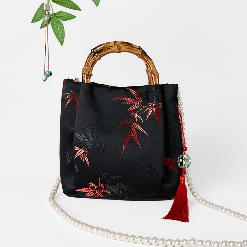 Polyester Cotton Embroidery Leaves Bamboo Handle Pearl Crossbody Bag Hangbags - Image 2