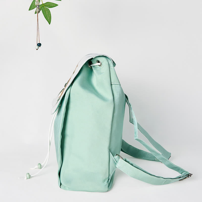 Handmade Green Peony Flowers Embroidered Large Capacity Canvas Backpack - Image 5
