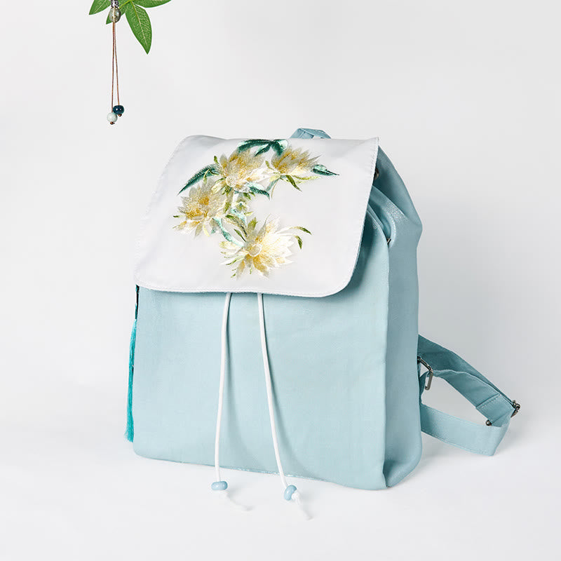 Handmade Blue Epiphyllum Embroidered Large Capacity Canvas Backpack - Image 4