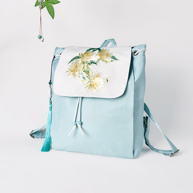 Handmade Blue Epiphyllum Embroidered Large Capacity Canvas Backpack - Image 5