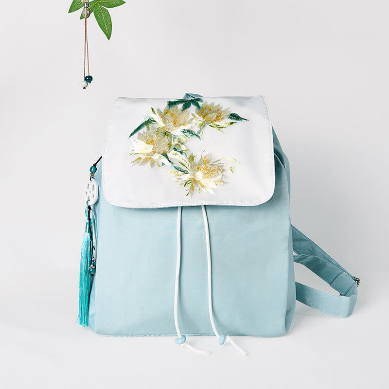 Buddha Stones Handmade Blue Epiphyllum Embroidered Large Capacity Canvas Backpack