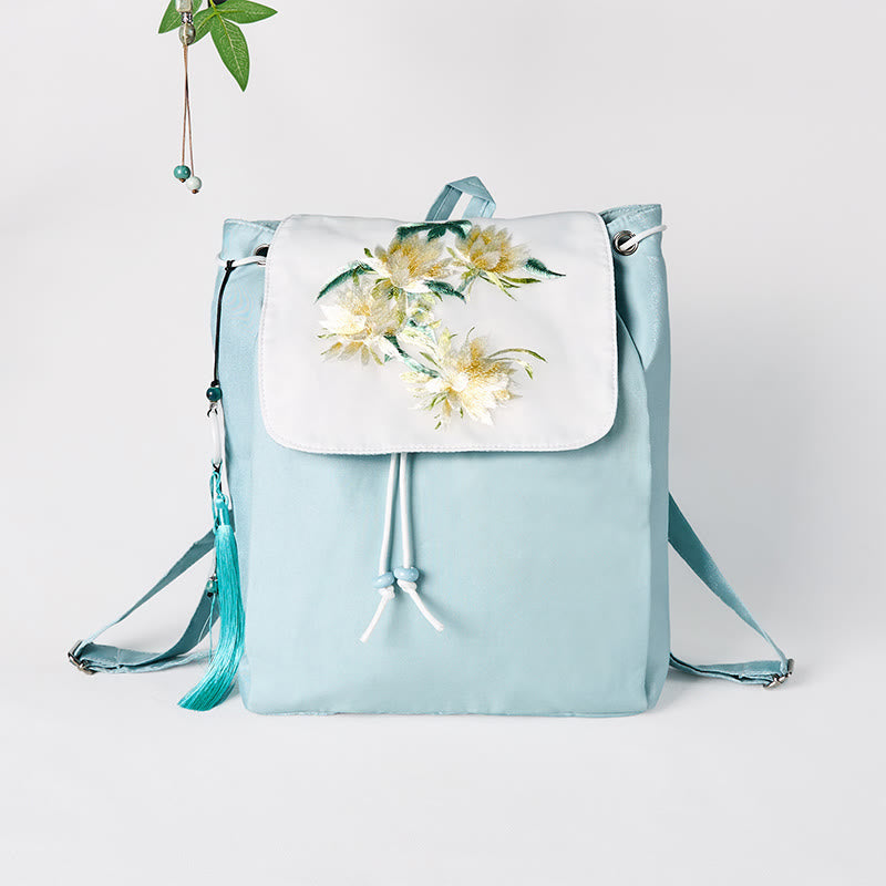 Handmade Blue Epiphyllum Embroidered Large Capacity Canvas Backpack - Image 3