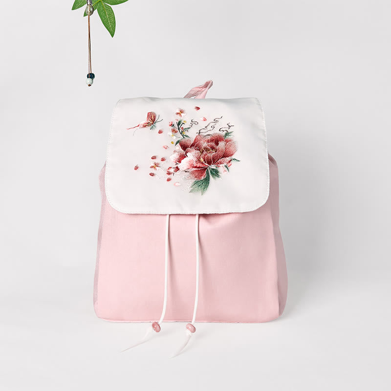 Buddha Stones Handmade Pink Peony Flowers Embroidered Large Capacity Canvas Backpack