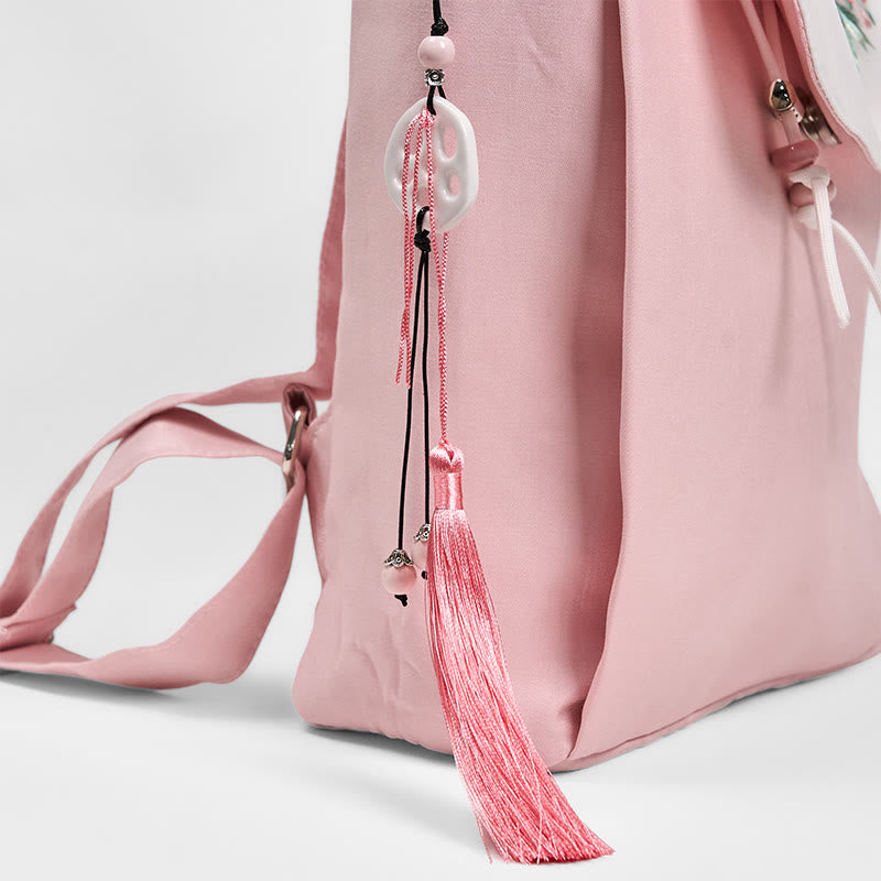 Handmade Pink Peony Flowers Embroidered Large Capacity Canvas Backpack - Image 5