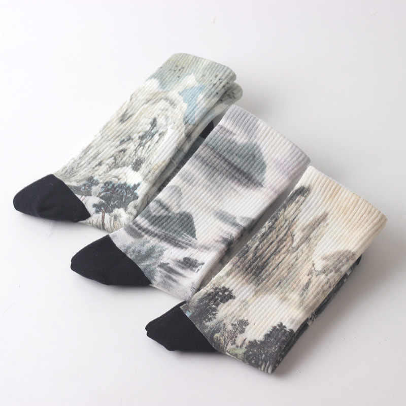 Chinese Ink Painting Landscape Pattern Micro Crew Three Pairs Men Women Unisex Socks - Image 2