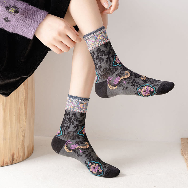 Retro Embossed Floral Pattern Micro Crew Women Cotton Socks - Image 8