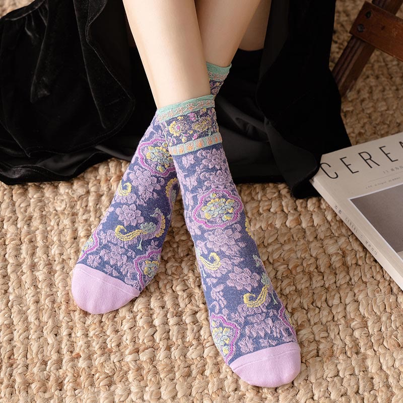 Retro Embossed Floral Pattern Micro Crew Women Cotton Socks - Image 15