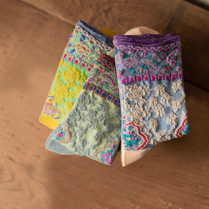 Retro Embossed Floral Pattern Micro Crew Women Cotton Socks - Image 27