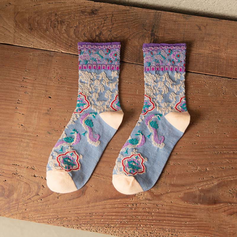 Retro Embossed Floral Pattern Micro Crew Women Cotton Socks - Image 18