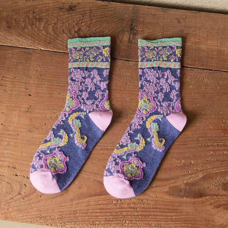 Retro Embossed Floral Pattern Micro Crew Women Cotton Socks - Image 11