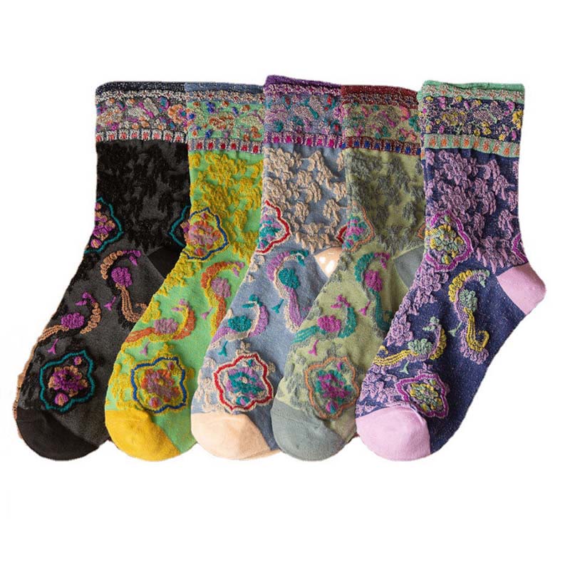 Retro Embossed Floral Pattern Micro Crew Women Cotton Socks - Image 31