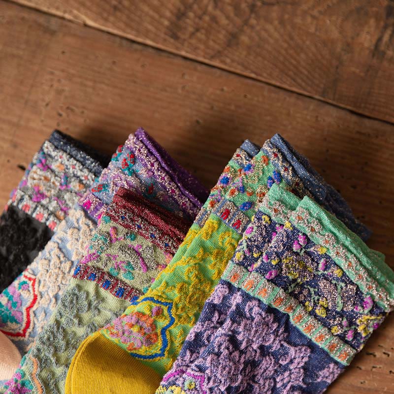 Retro Embossed Floral Pattern Micro Crew Women Cotton Socks - Image 29