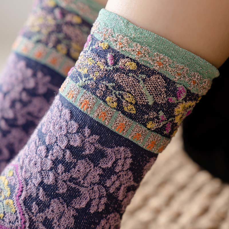 Retro Embossed Floral Pattern Micro Crew Women Cotton Socks - Image 12