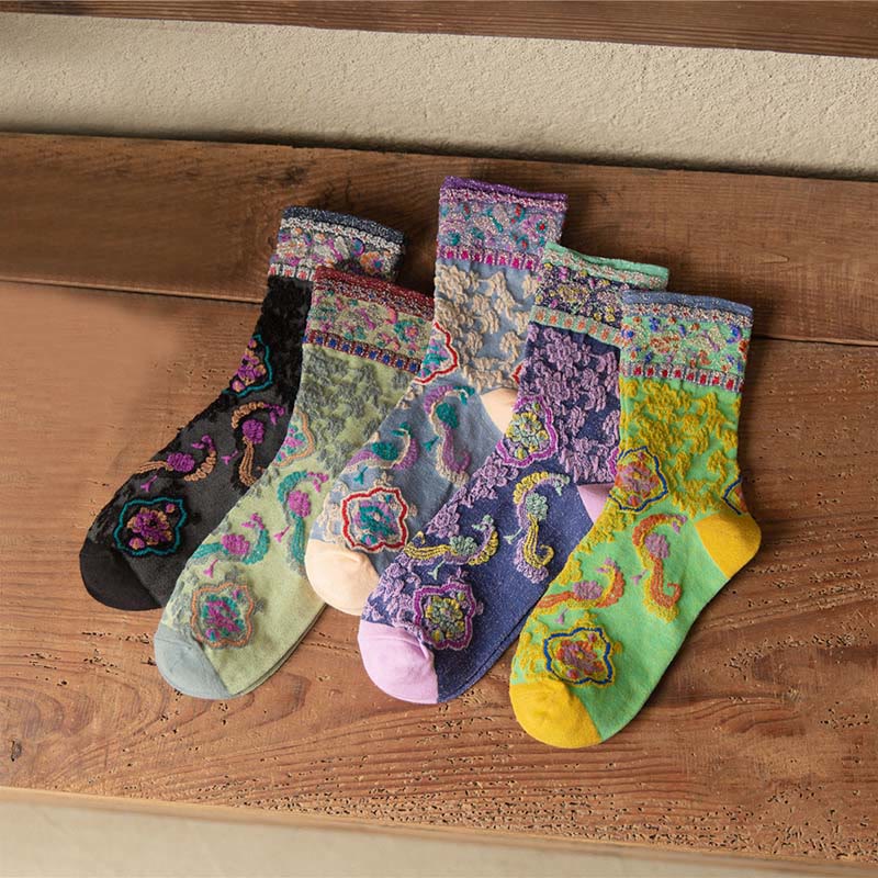 Retro Embossed Floral Pattern Micro Crew Women Cotton Socks - Image 24