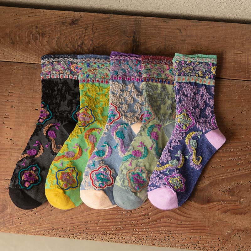 Retro Embossed Floral Pattern Micro Crew Women Cotton Socks - Image 22