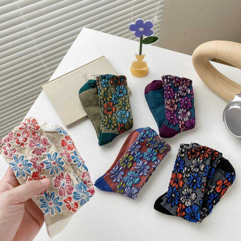 Ethnic Textured Floral Contrasting Color Design Women's Micro Crew Cotton Socks - Image 19