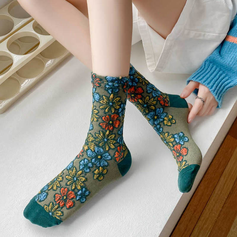 Ethnic Textured Floral Contrasting Color Design Women's Micro Crew Cotton Socks - Image 13