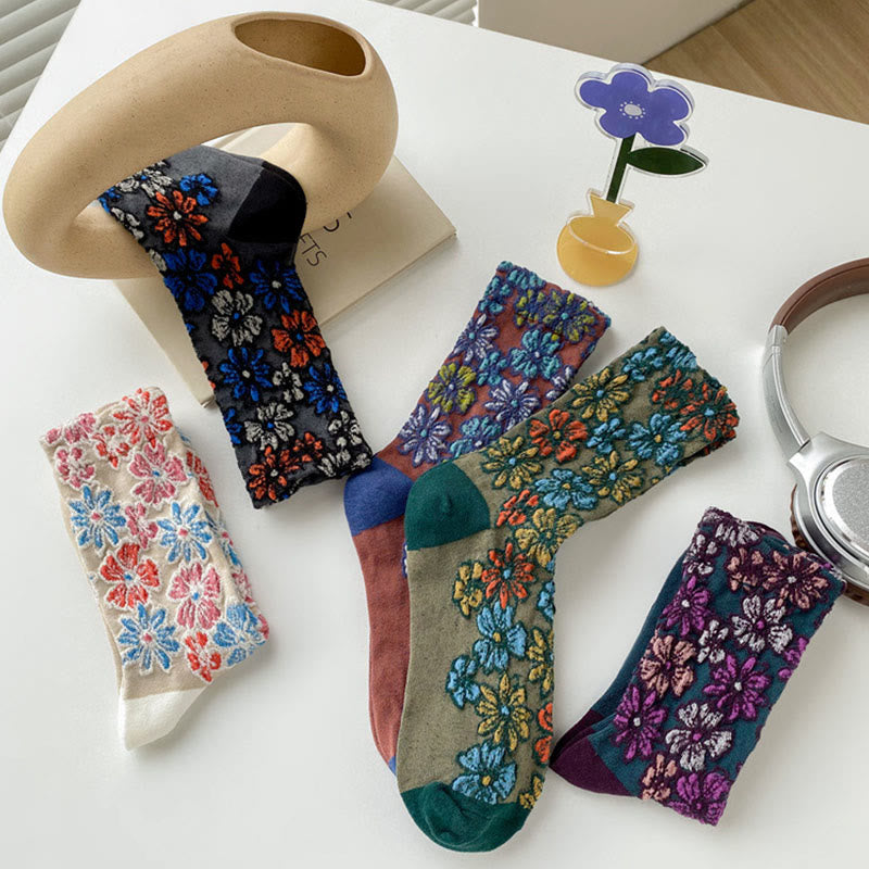 Ethnic Textured Floral Contrasting Color Design Women's Micro Crew Cotton Socks - Image 22
