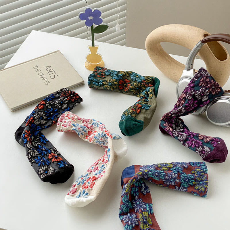 Ethnic Textured Floral Contrasting Color Design Women's Micro Crew Cotton Socks - Image 23