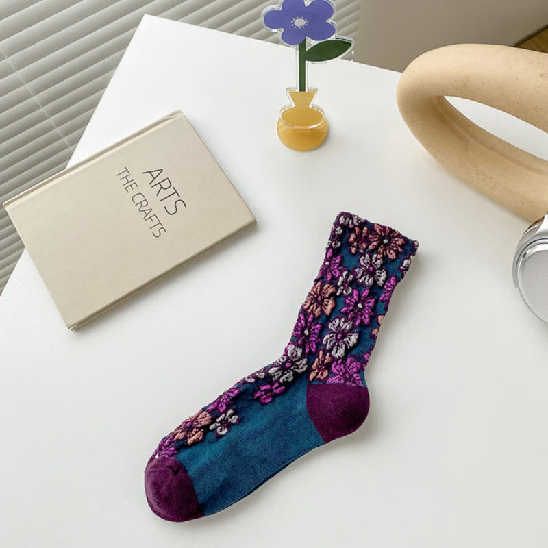 Ethnic Textured Floral Contrasting Color Design Women's Micro Crew Cotton Socks - Image 11