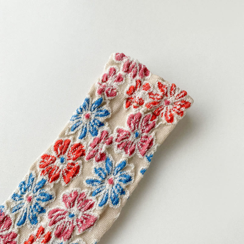 Ethnic Textured Floral Contrasting Color Design Women's Micro Crew Cotton Socks - Image 8