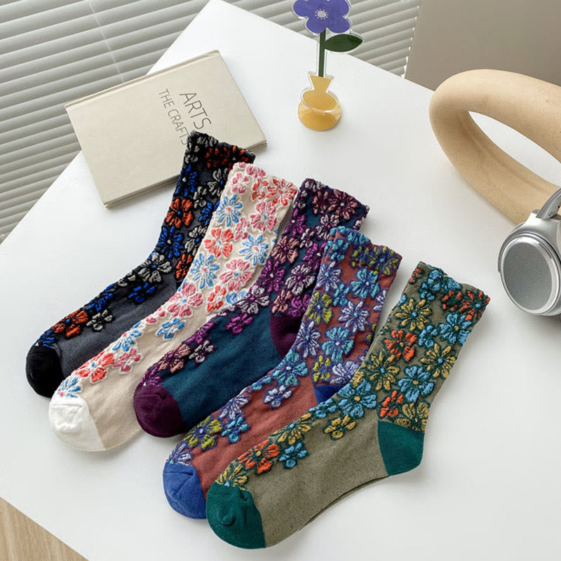 Ethnic Textured Floral Contrasting Color Design Women's Micro Crew Cotton Socks - Image 17