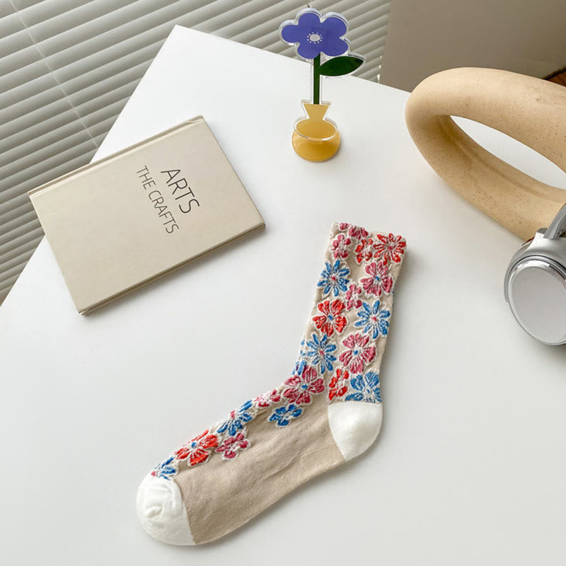 Ethnic Textured Floral Contrasting Color Design Women's Micro Crew Cotton Socks - Image 5