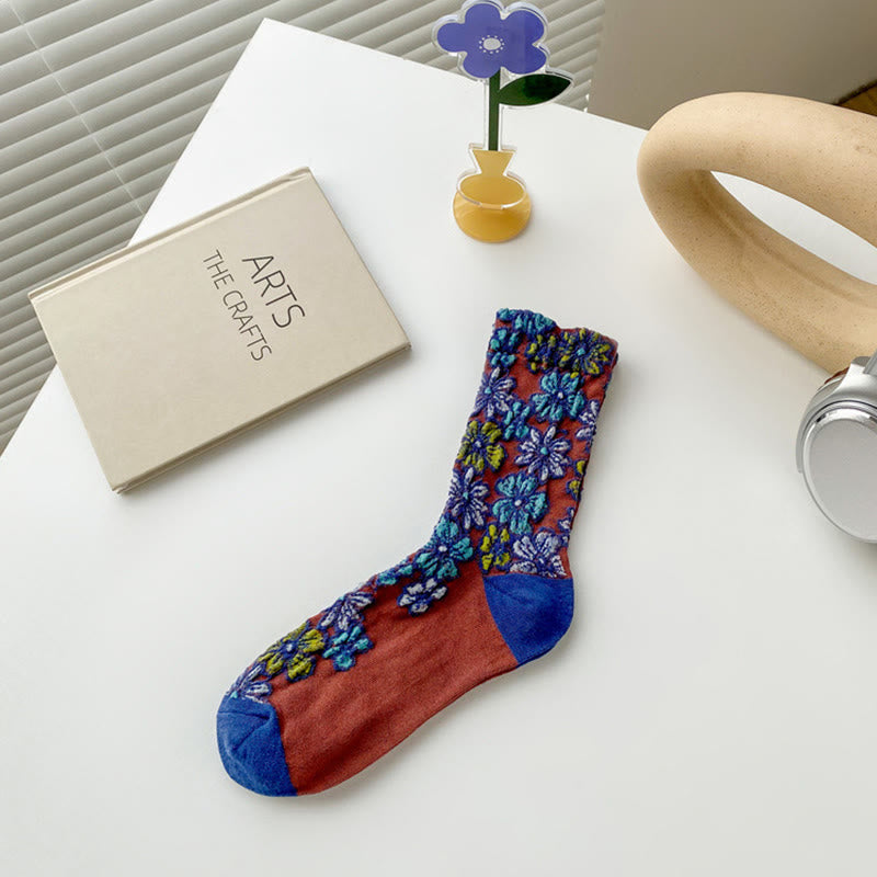 Ethnic Textured Floral Contrasting Color Design Women's Micro Crew Cotton Socks - Image 16
