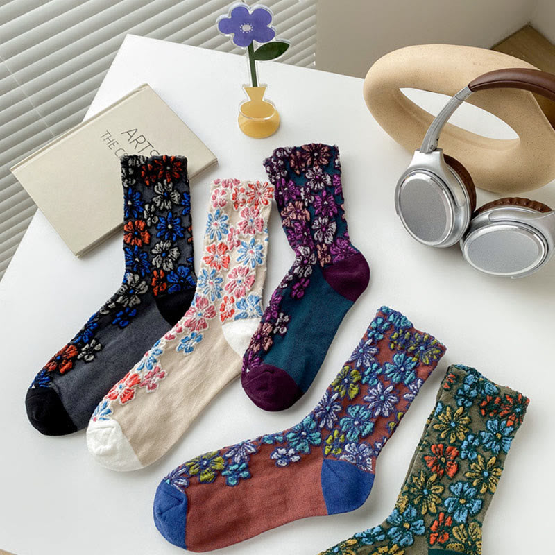 Ethnic Textured Floral Contrasting Color Design Women's Micro Crew Cotton Socks - Image 20