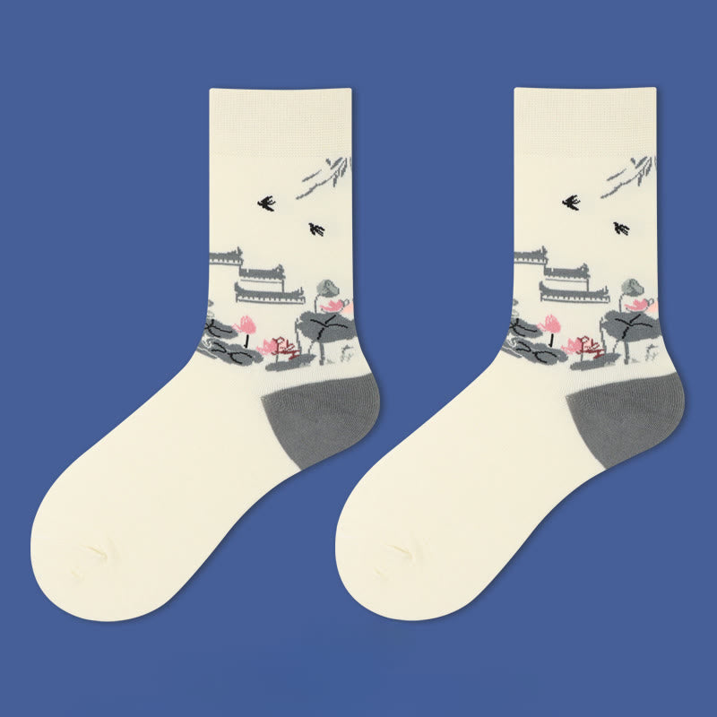 Casual Sailboat Ancient Town Lotus Orchid Countryside Micro Crew Women's Socks - Image 3