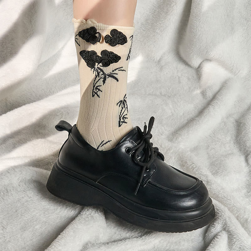Chinese Frog-Button Design Jacquard Bamboo Pattern Micro Crew Women's Socks - Image 15