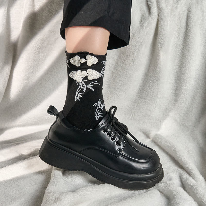 Chinese Frog-Button Design Jacquard Bamboo Pattern Micro Crew Women's Socks - Image 6