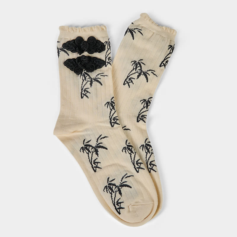 Chinese Frog-Button Design Jacquard Bamboo Pattern Micro Crew Women's Socks - Image 11