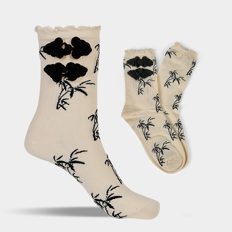 Chinese Frog-Button Design Jacquard Bamboo Pattern Micro Crew Women's Socks - Image 16