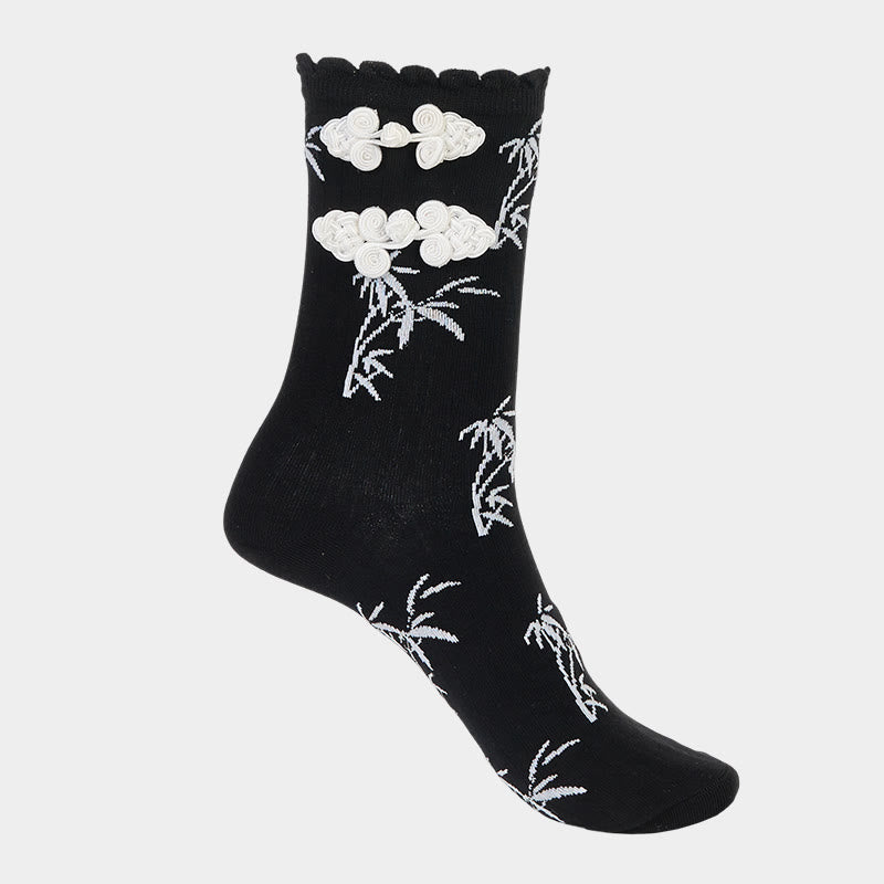Chinese Frog-Button Design Jacquard Bamboo Pattern Micro Crew Women's Socks - Image 9